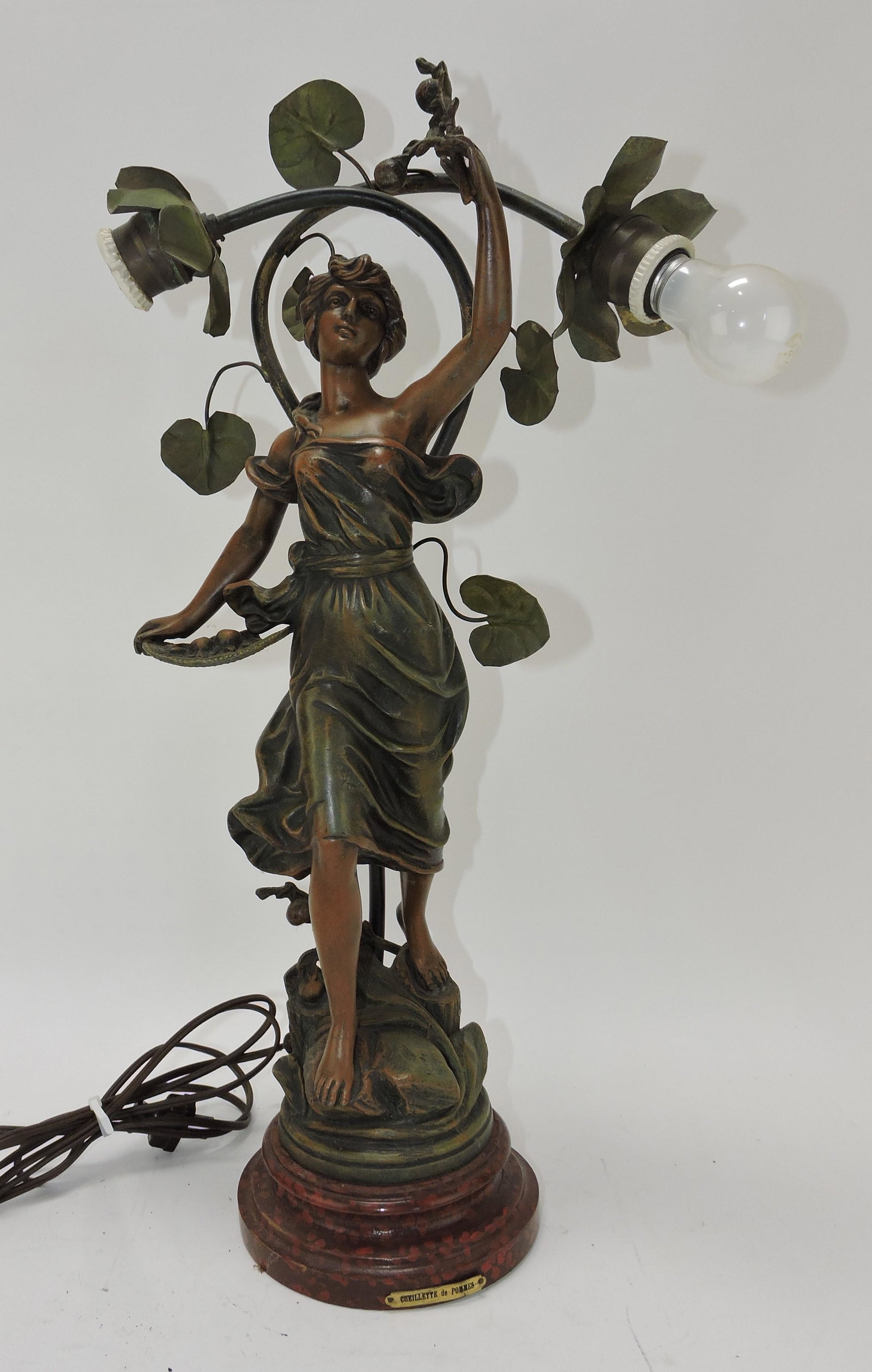 French Fabrication Francaise spelter: Art Nouveau lady figural lamp with bronze finish, 23"; 'Cueillette de Pommes'