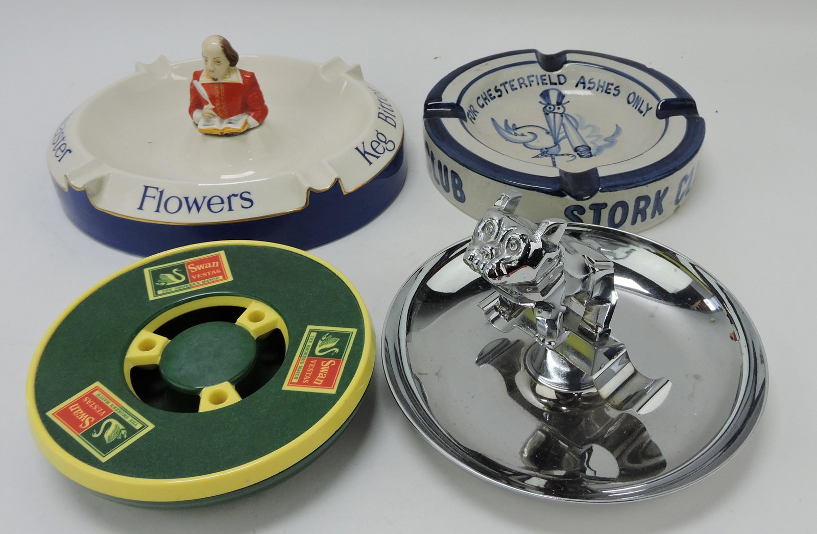 Lot of 4 advertising ashtrays: Flowers: Beer, Chesterfield Stork Club, Swan Vestas, Mack Trucks; Flower Family Collection