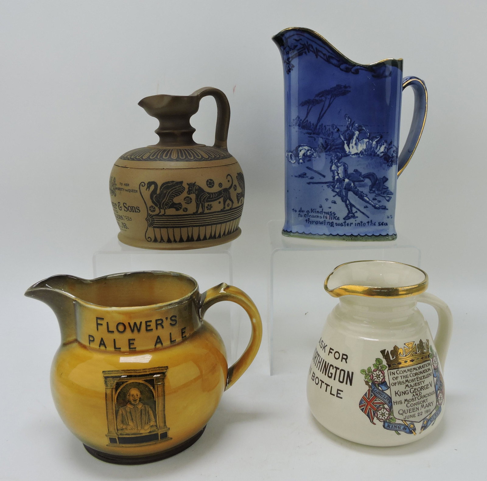 Ceramic lot of 4 advertising pitchers:: Doulton John DeWar & Sons, Royal Doulton Don Quixote, Flower's Pale Ale, Worthington; Flower Family Collection