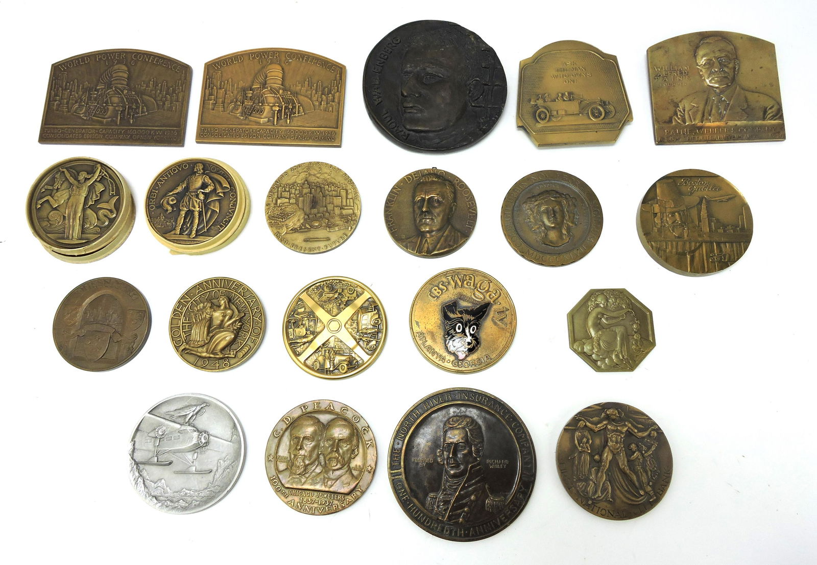 Lot of 20 bronze (one cast aluminum): medals and plaquettes: 2 - 1936 World Power Conference, Raoul Wallenberg by Marika Somogyi #77/100, Packard Motor Car Co, Paine, Webber & Co, 1935 Normandic Transatlantic, 1932 Champlain Transatlantic