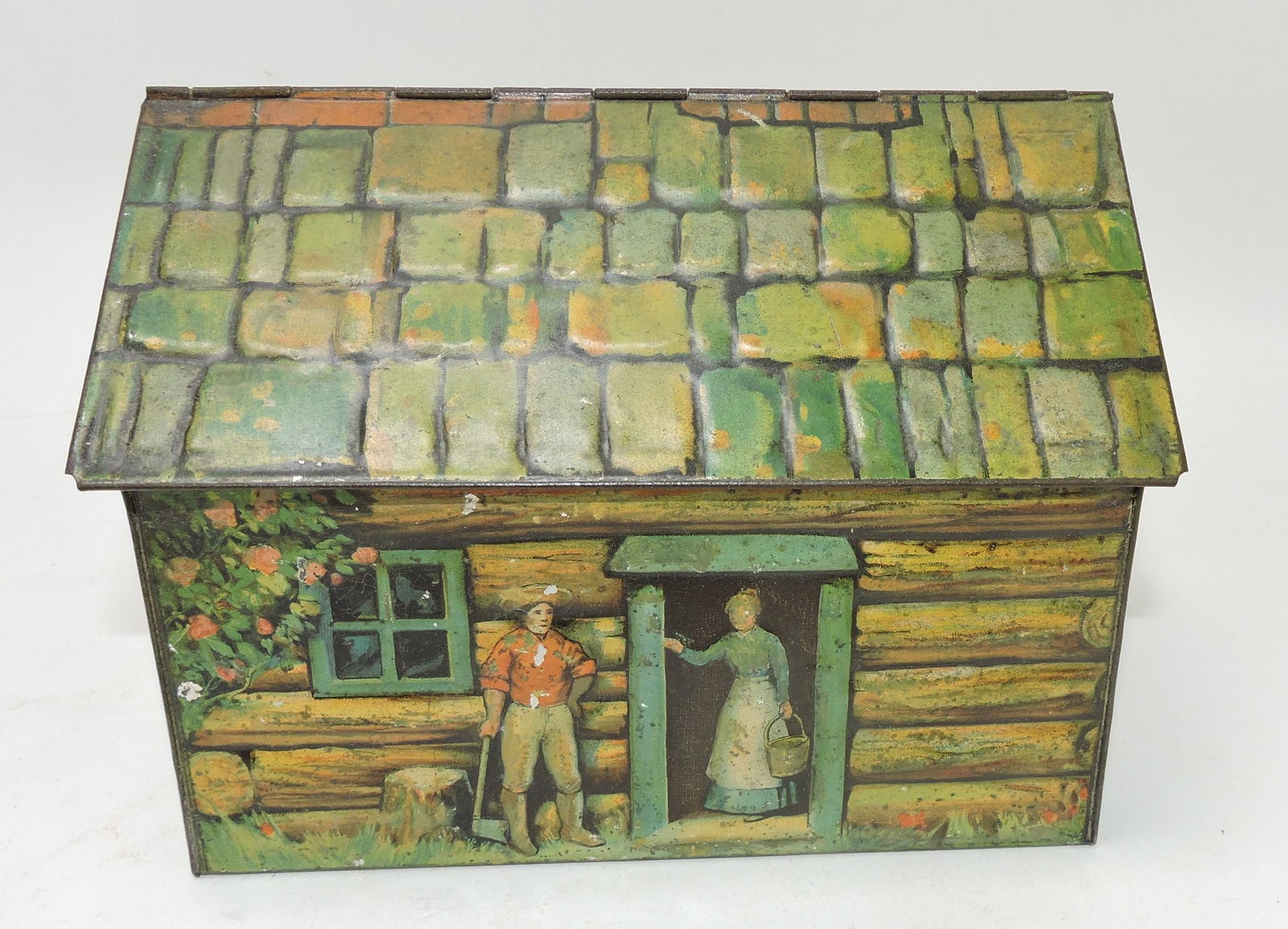 Log Cabin biscuit tin; Flower Family (1 of 2)