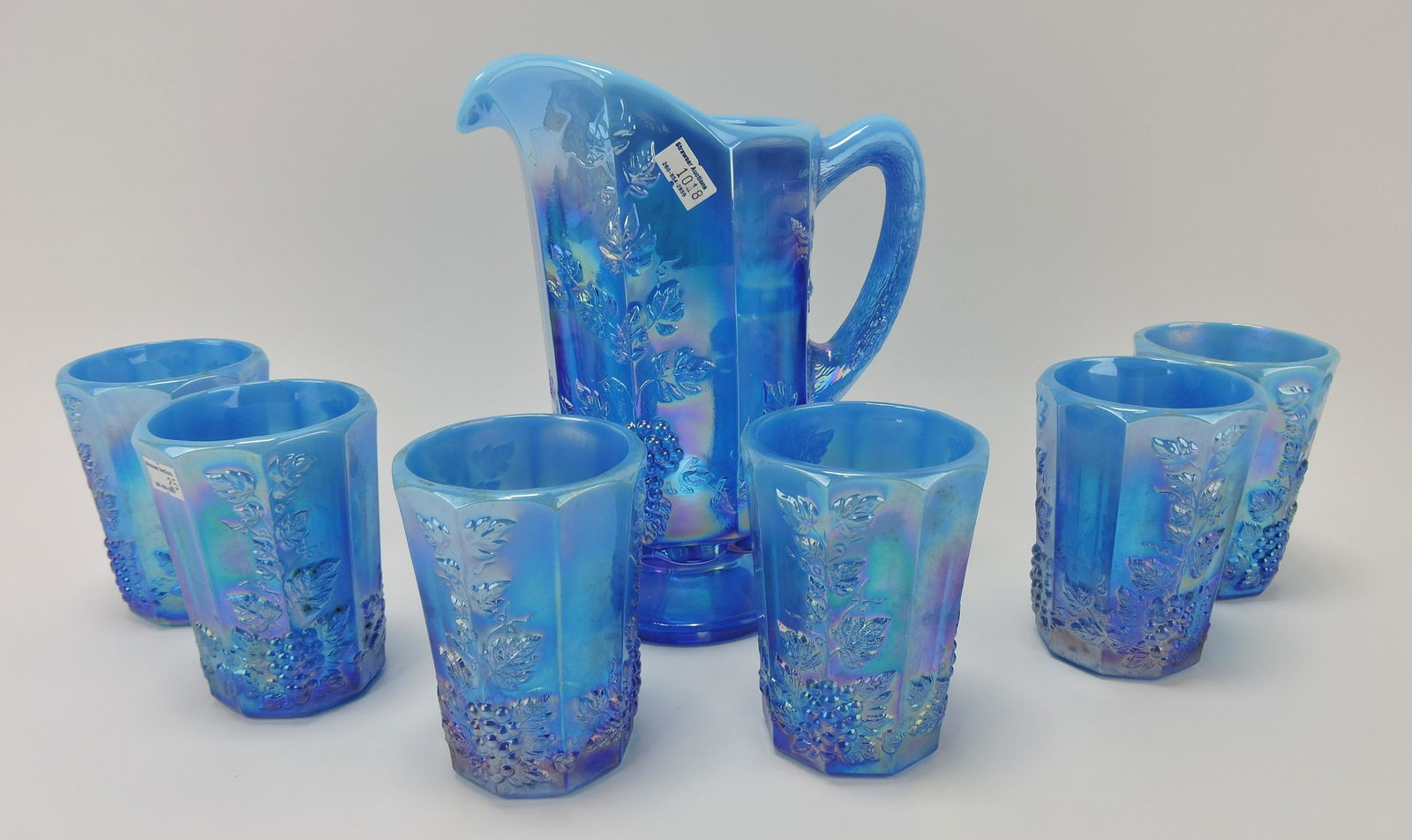 Blue carnival opalescent grape pitcher (1 of 1)