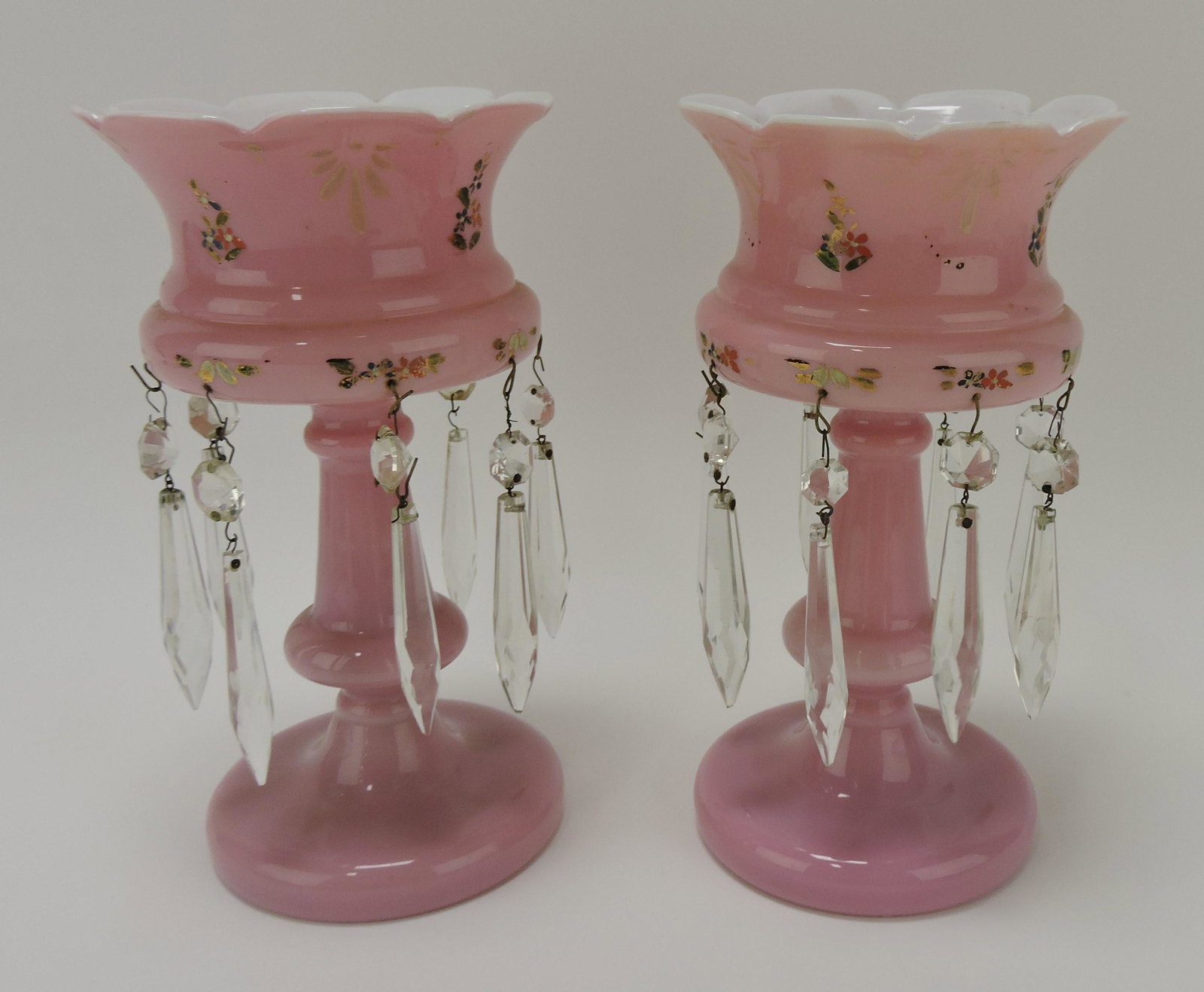 Pink/white cased glass pair of candle: lusters, 9 3/4"