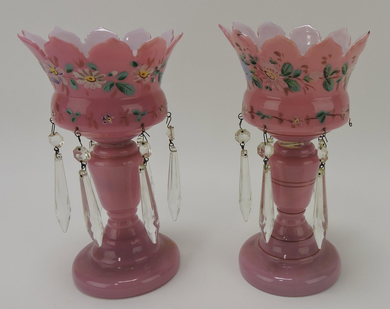 Pink/white cased glass pair of candle: lusters, 9", missing one prism