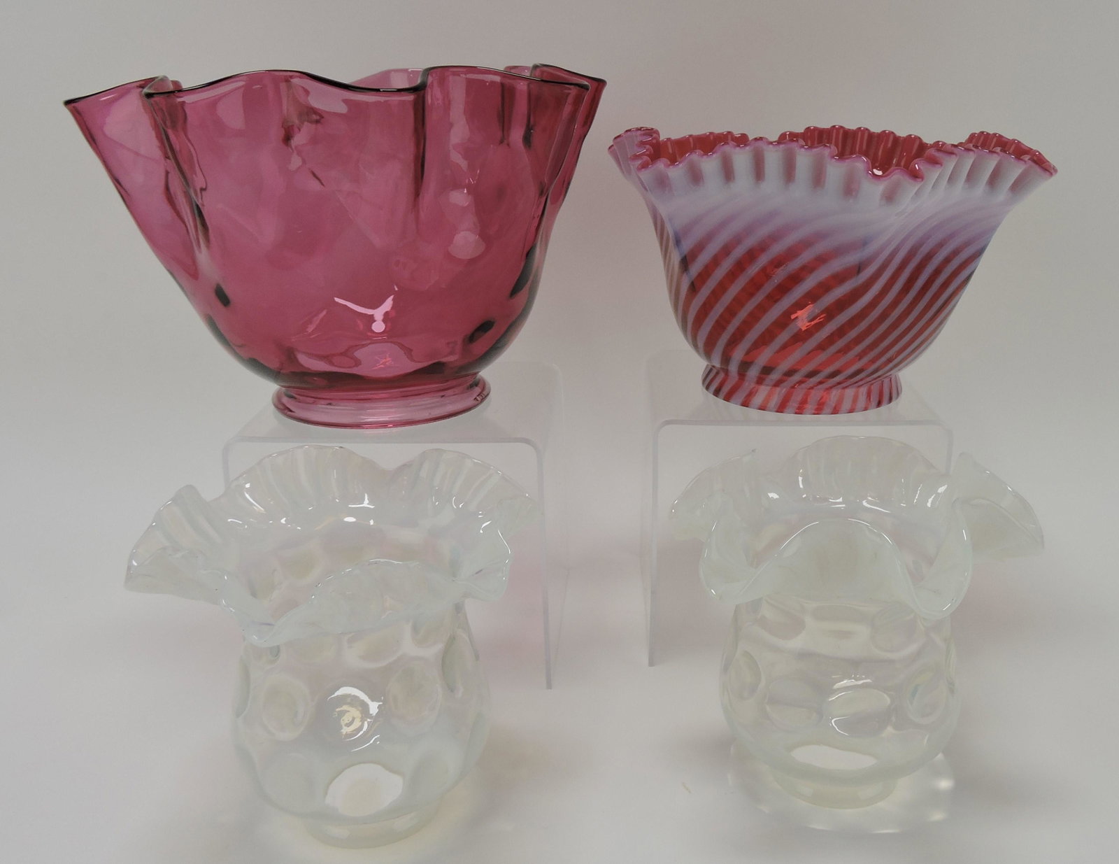 Lot of 4 lamp shades: cranberry: coin spot, cranberry opalescent swirl, 2 opalescent coin spot