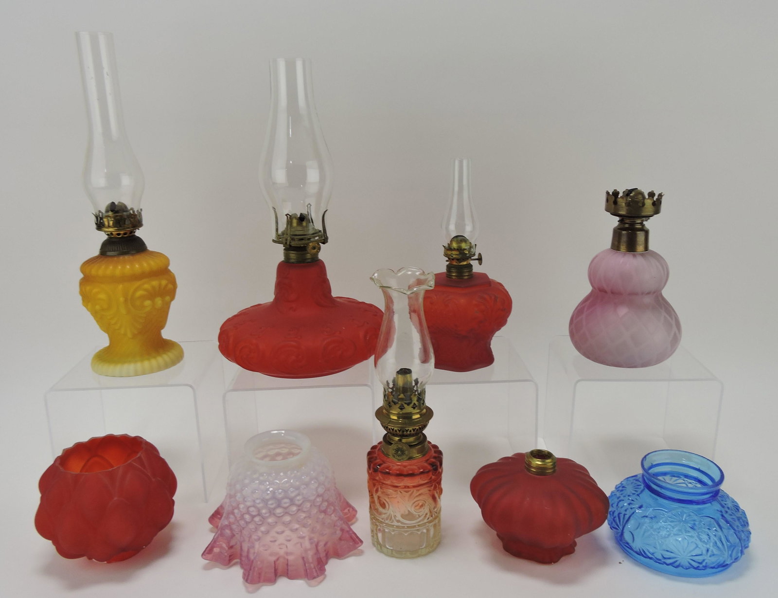 Lot of 6 miniature oil lamp bases: and 3 shades