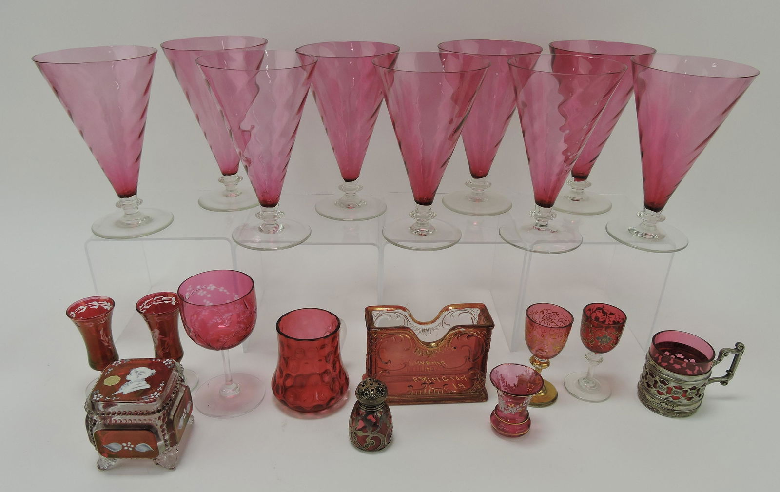 Cranberry lot of 9 goblets (2 with nicks),: and 11 assorted cranberry pieces