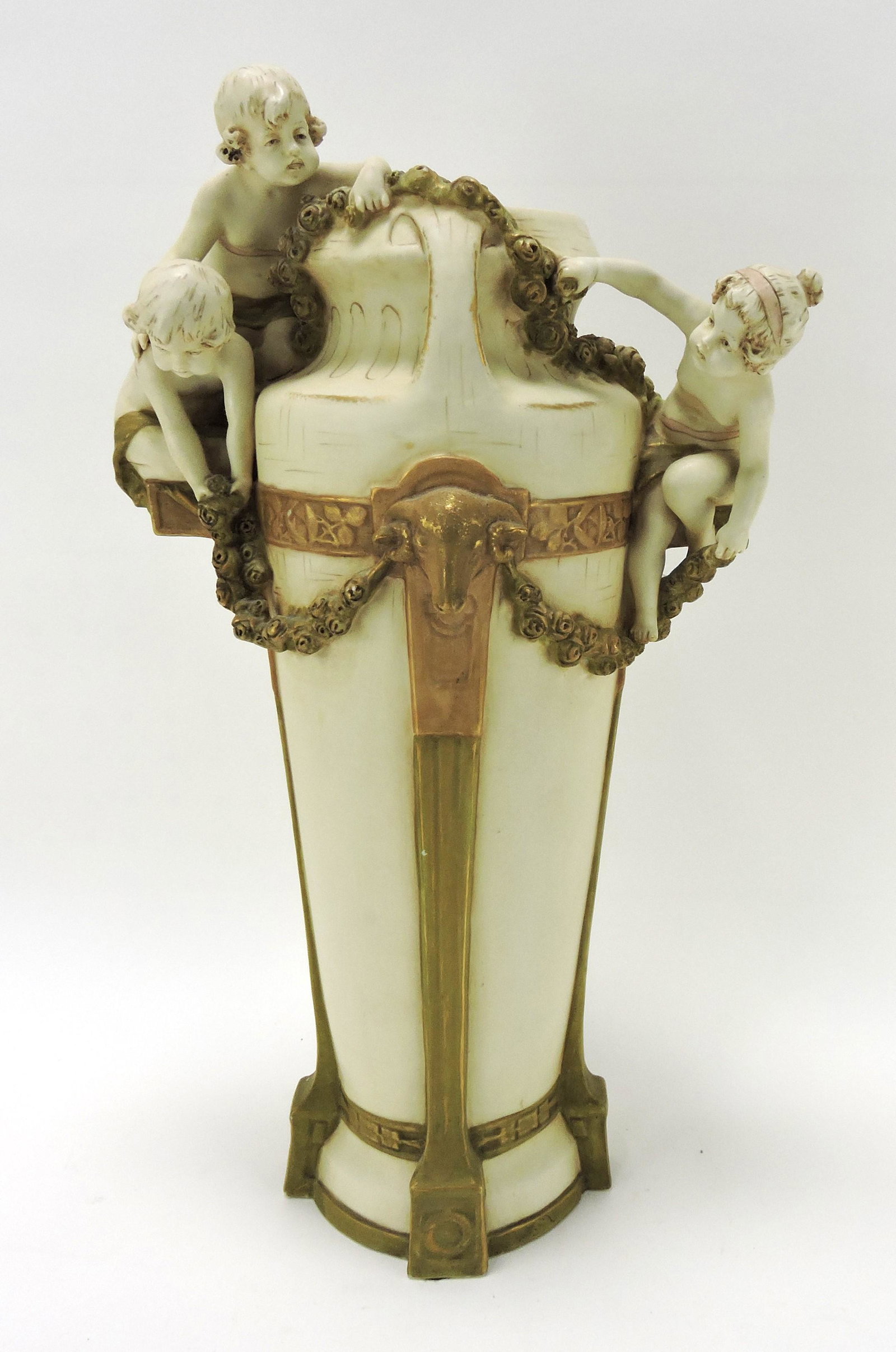 Royal Dux 20" vase with frolicking: children and ram's heads