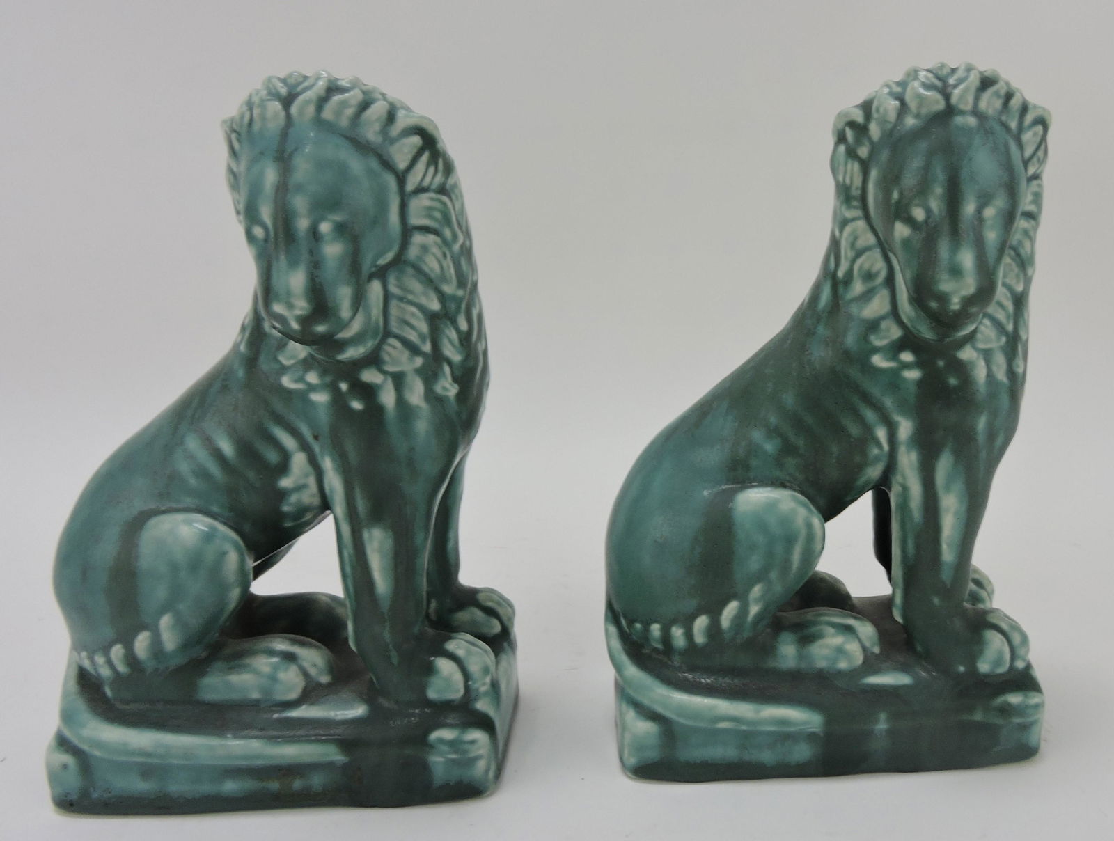 Rookwood Art Pottery pair of green: lion bookends #6019, 1929, 6 1/2" ; Flower Family Collection