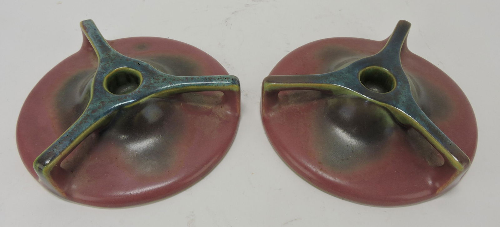 Fulper pair of low candle holders (1 of 2)