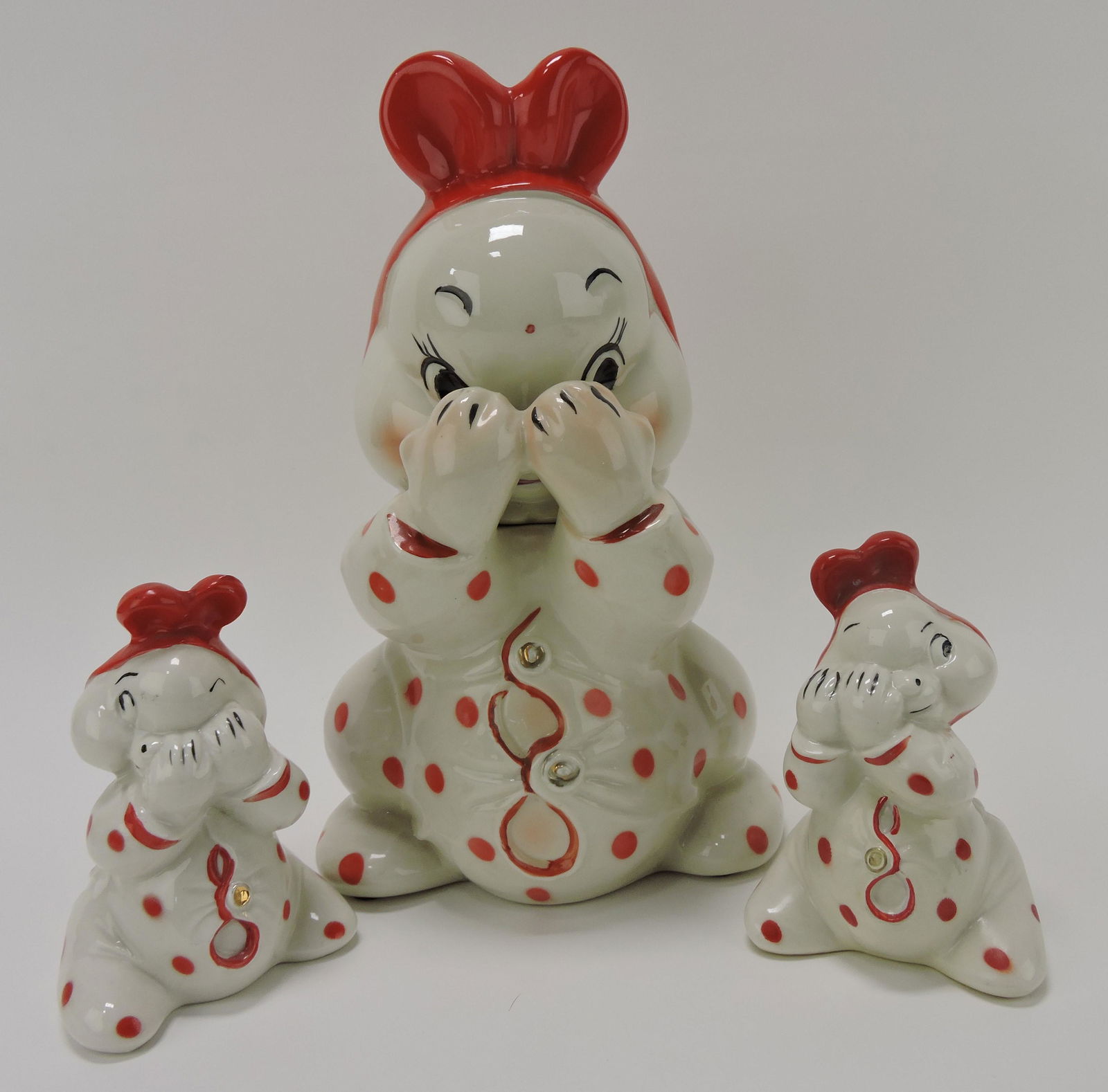 Regal China Peek-a-Boo cookie: jar and matching shakers; Flower Family Collection