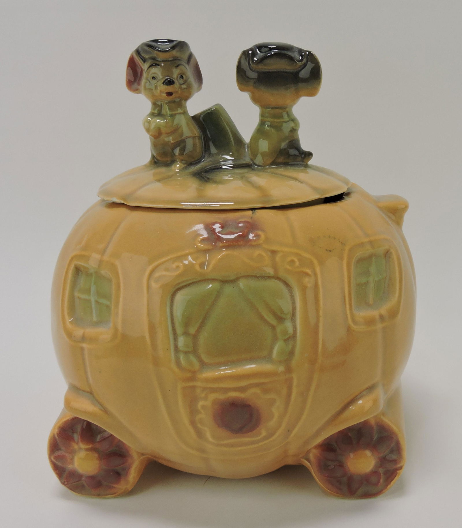 Brush Cinderella's Pumpkin Carriage: cookie jar, minor rim nick to lid; Flower Family Collection
