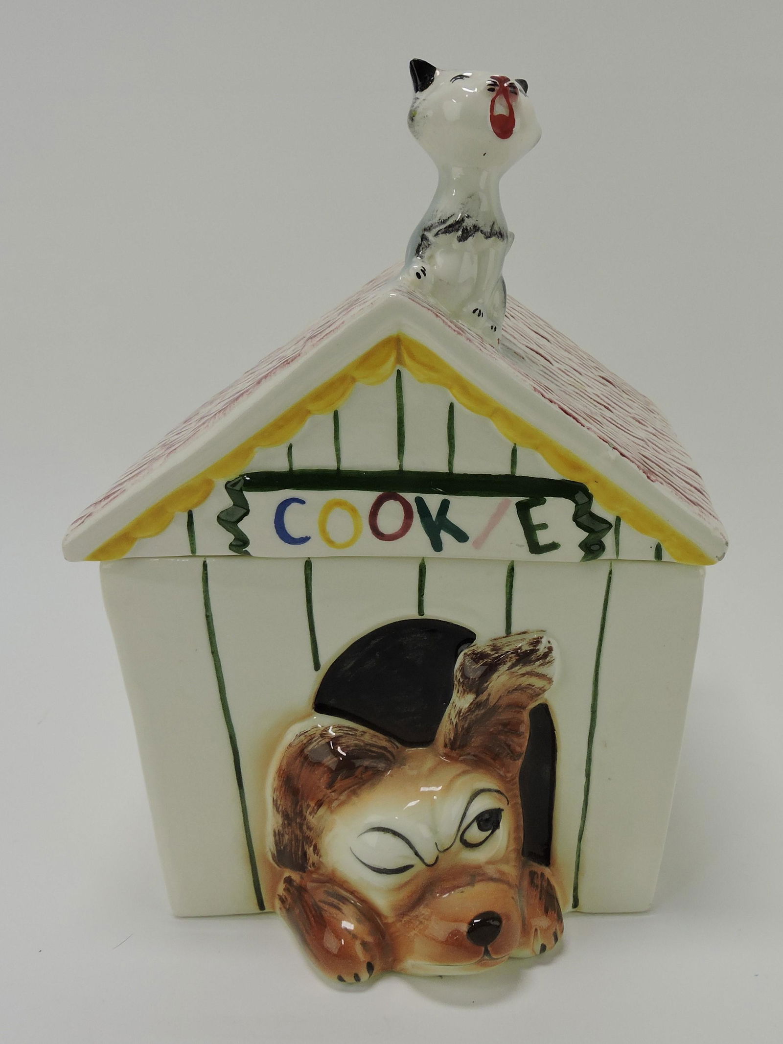 Dog in dog house with cat on roof (1 of 1)