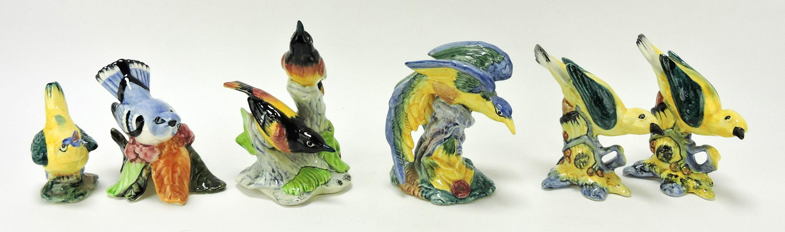 Stangl Pottery lot of 6 birds, 3 1/2 to: 5 1/2": 8598, 3456, 8402, 3408 (tail repair), 2 - 3447