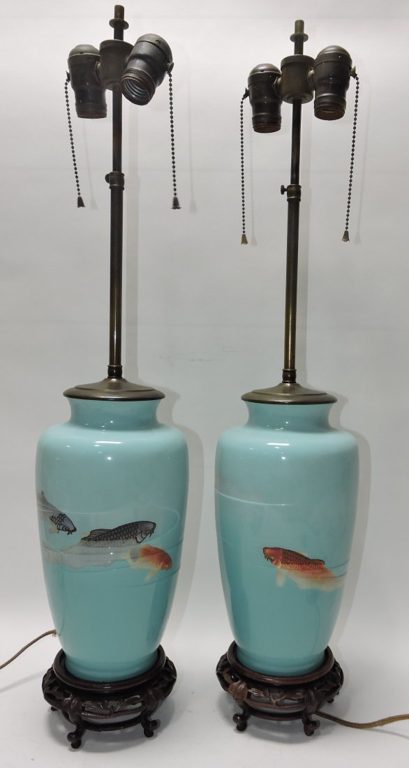 Pair of Cloisonne' enamel Koi fish table lamps (1 of 6)