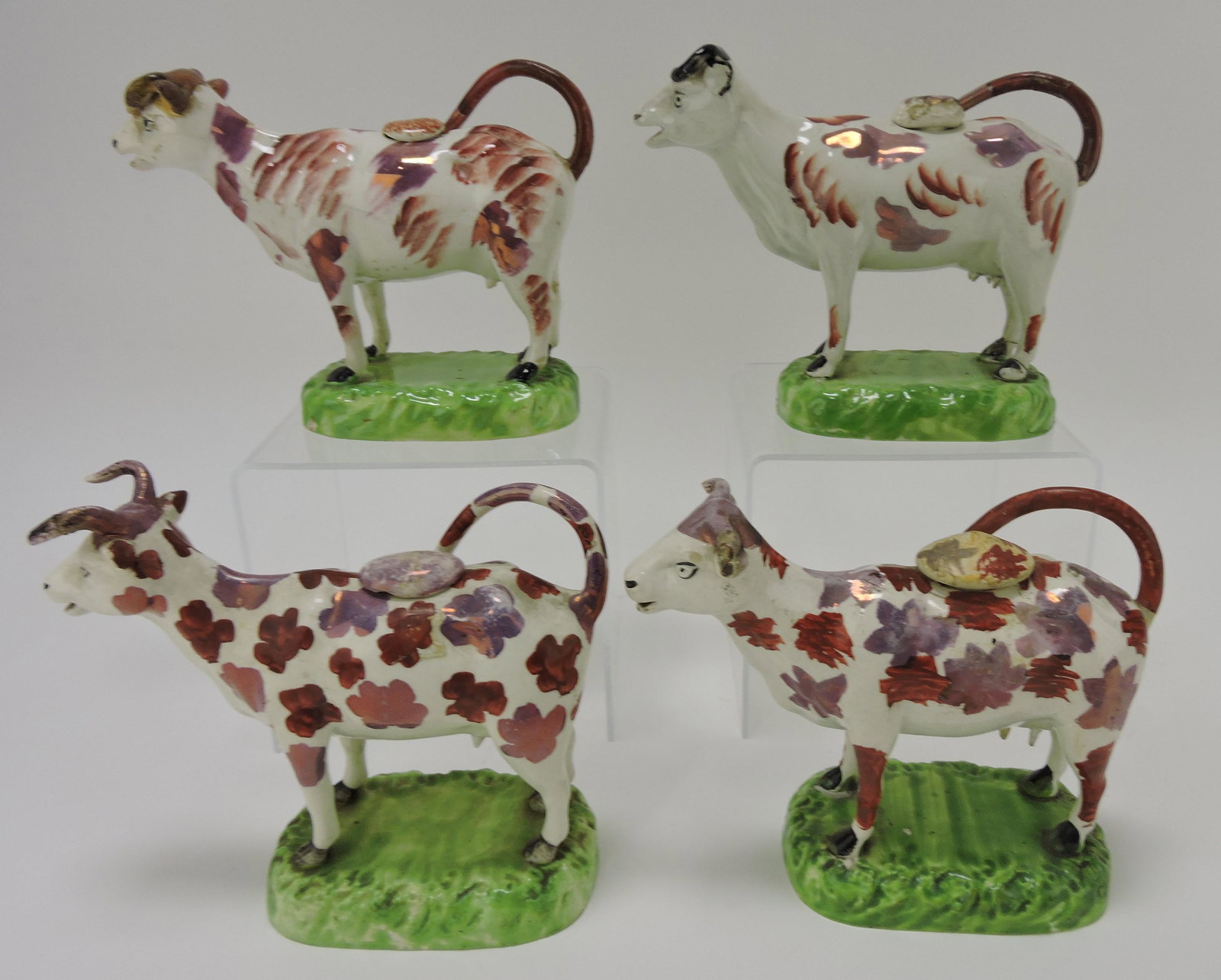 Staffordshire Pearlware Lusterware lot: of 4 cow creamers, 3 with replaced lids, various condition