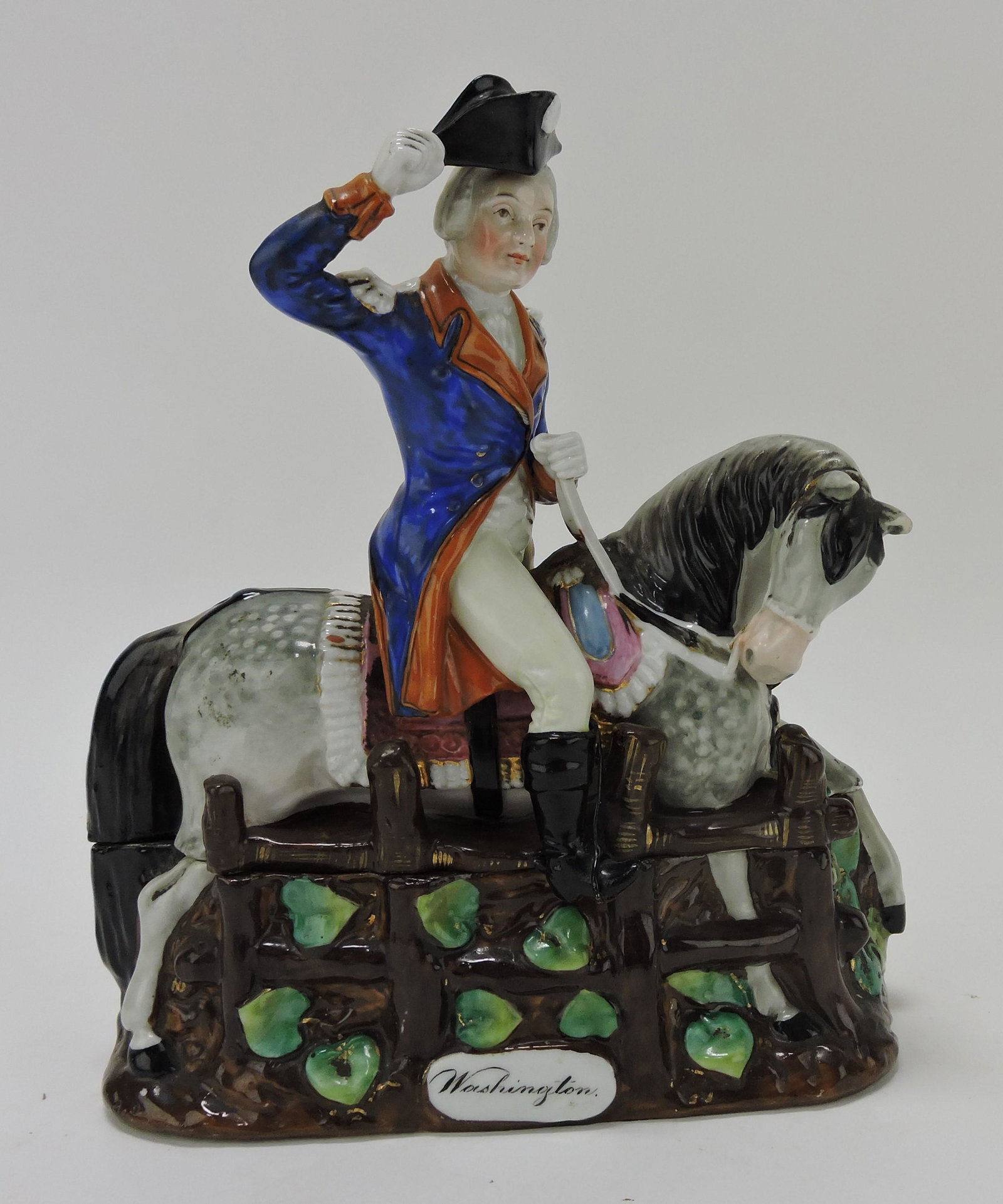 Staffordshire George Washington: figural inkwell, chip to inside flange of lid, includes ink pot inserts, 8"h, 6"l