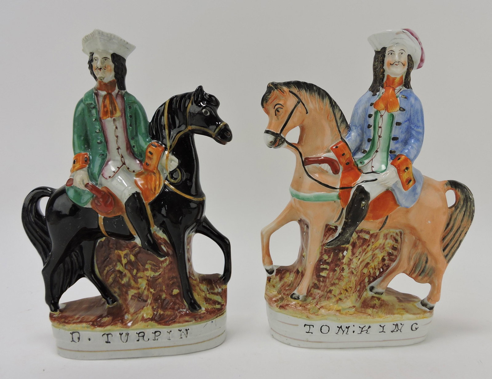 Staffordshire lot of 2 figures on: horseback, 'D. Turpin' (hairline to back) and 'Tom King', 10"