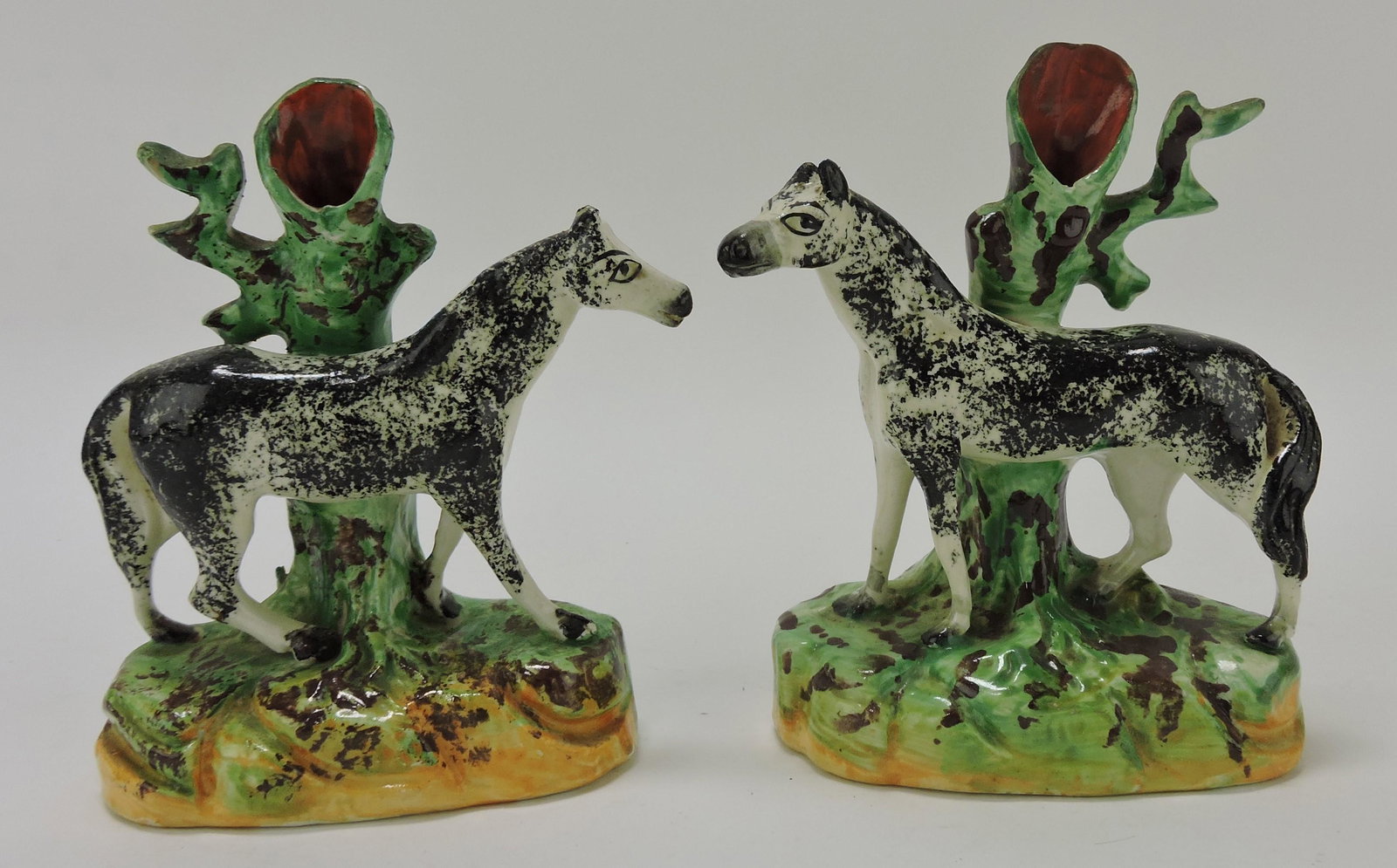 Staffordshire Pearlware pair of horse: spill vases, 6", repair to one vase, nick to back of the other