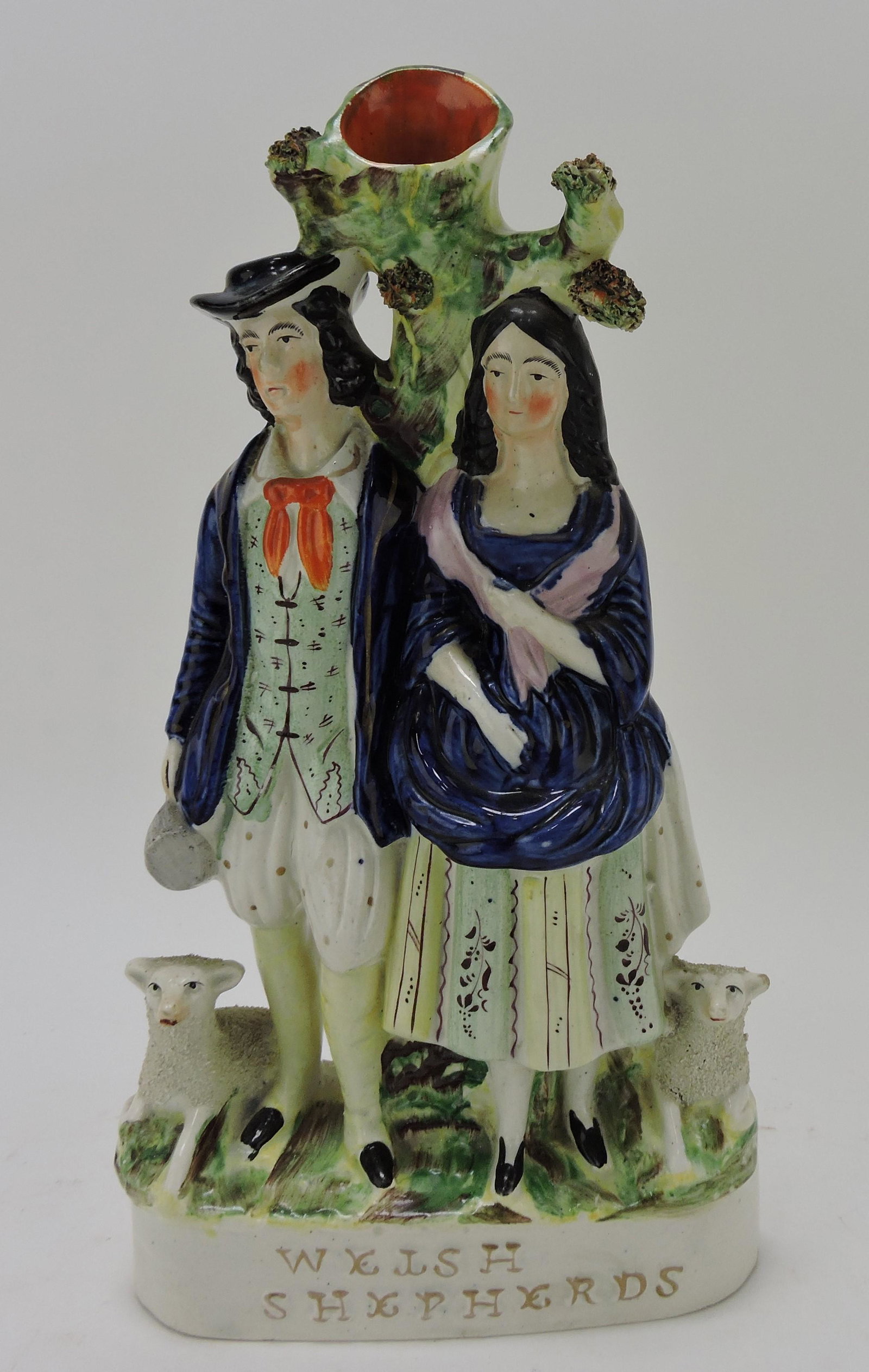 Staffordshire 'Welsh Shepherds' spill: vase, 13 1/2", professional rim repair to vase