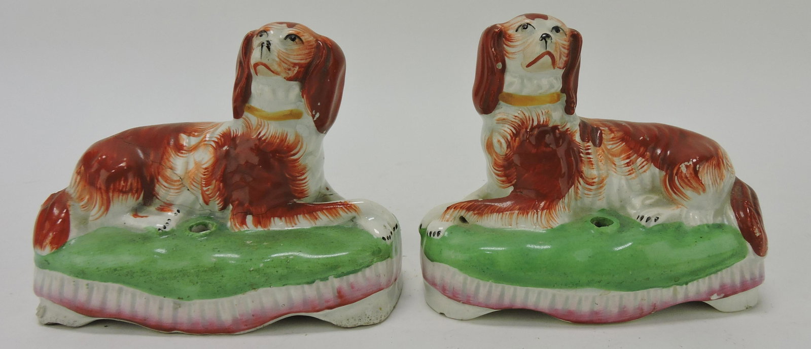 Staffordshire pair of spaniels on green: cushion plinth pen holders, 4 1/2"h