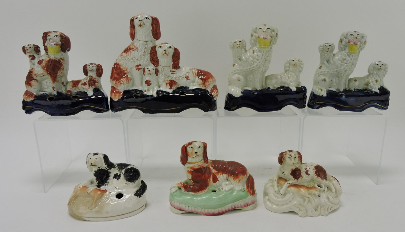Staffordshire lot of 7 spaniel pen: holders, various condition