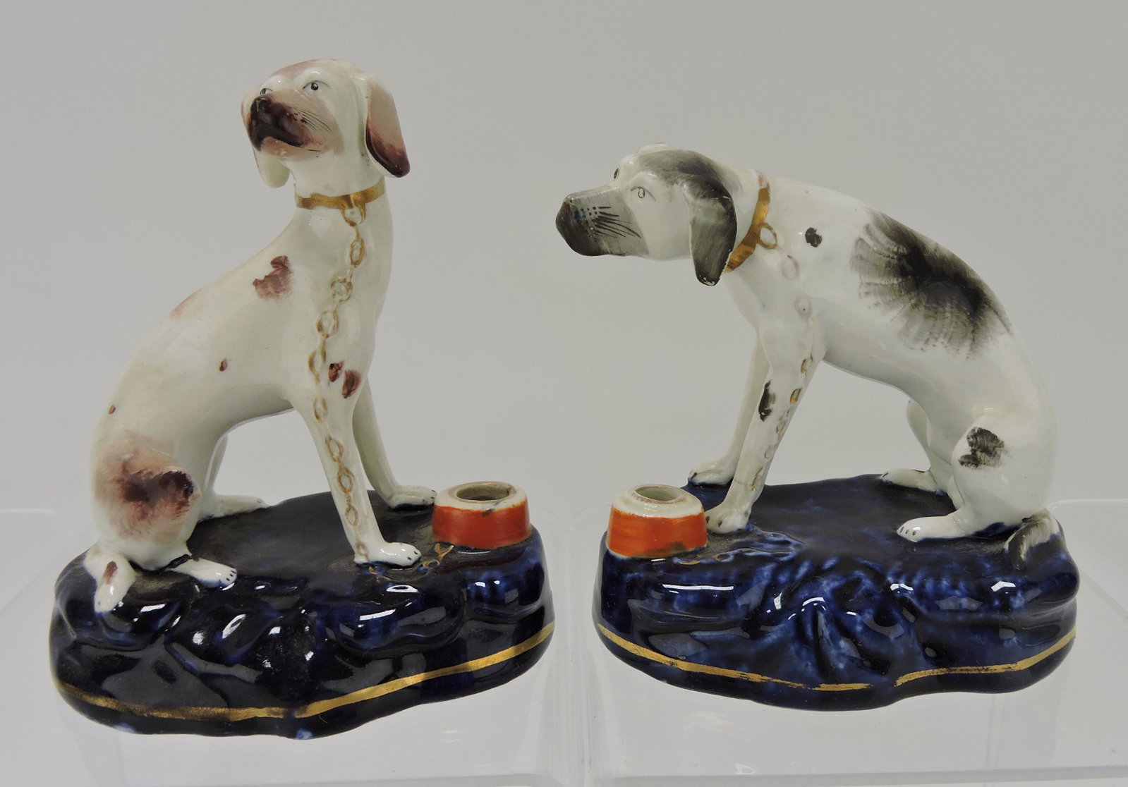 Staffordshire pair of foxhound inkwell/: pen holders on cobalt plinth, 5"