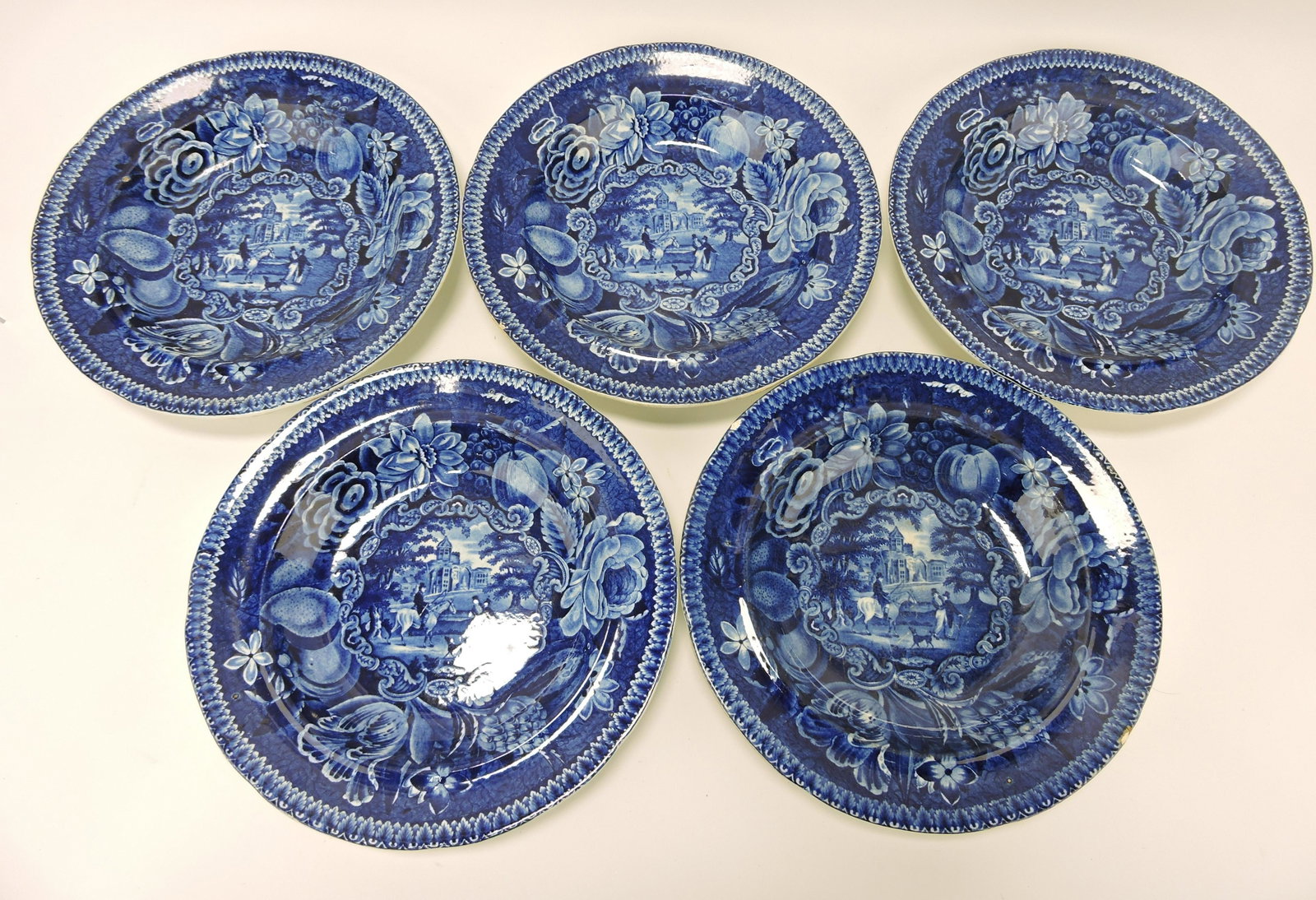 Set of 5 - 10" blue and white Staffordshire: wide rim soup plates, Hall's Biddulph Castle, rim nick to 2