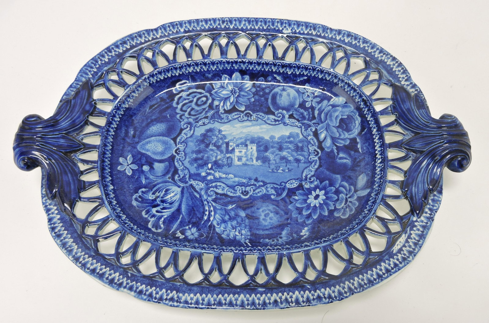 Staffordshire blue and white reticulated: tray 'Hall's Luscombe, Devonshire', 12", minor hairline