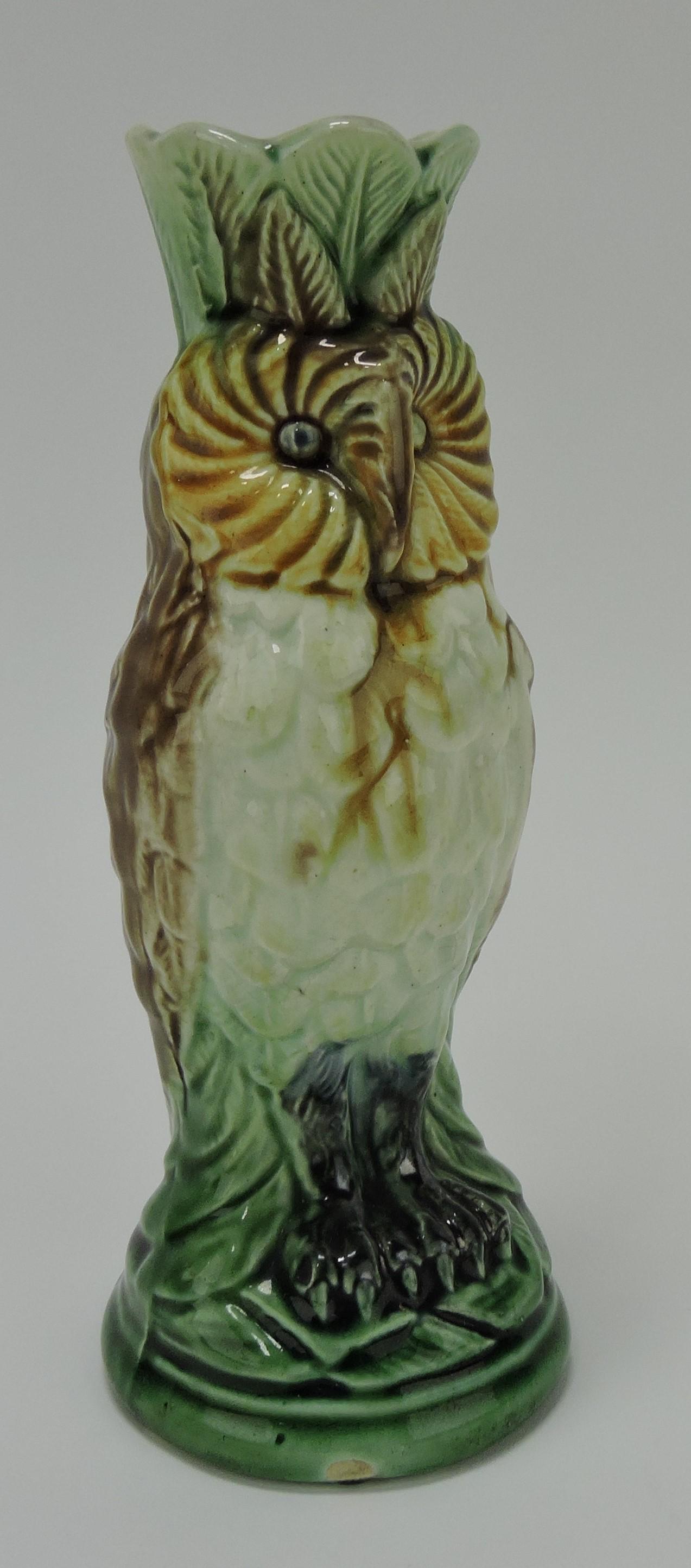 Majolica 7" figural owl bud vase, (1 of 2)