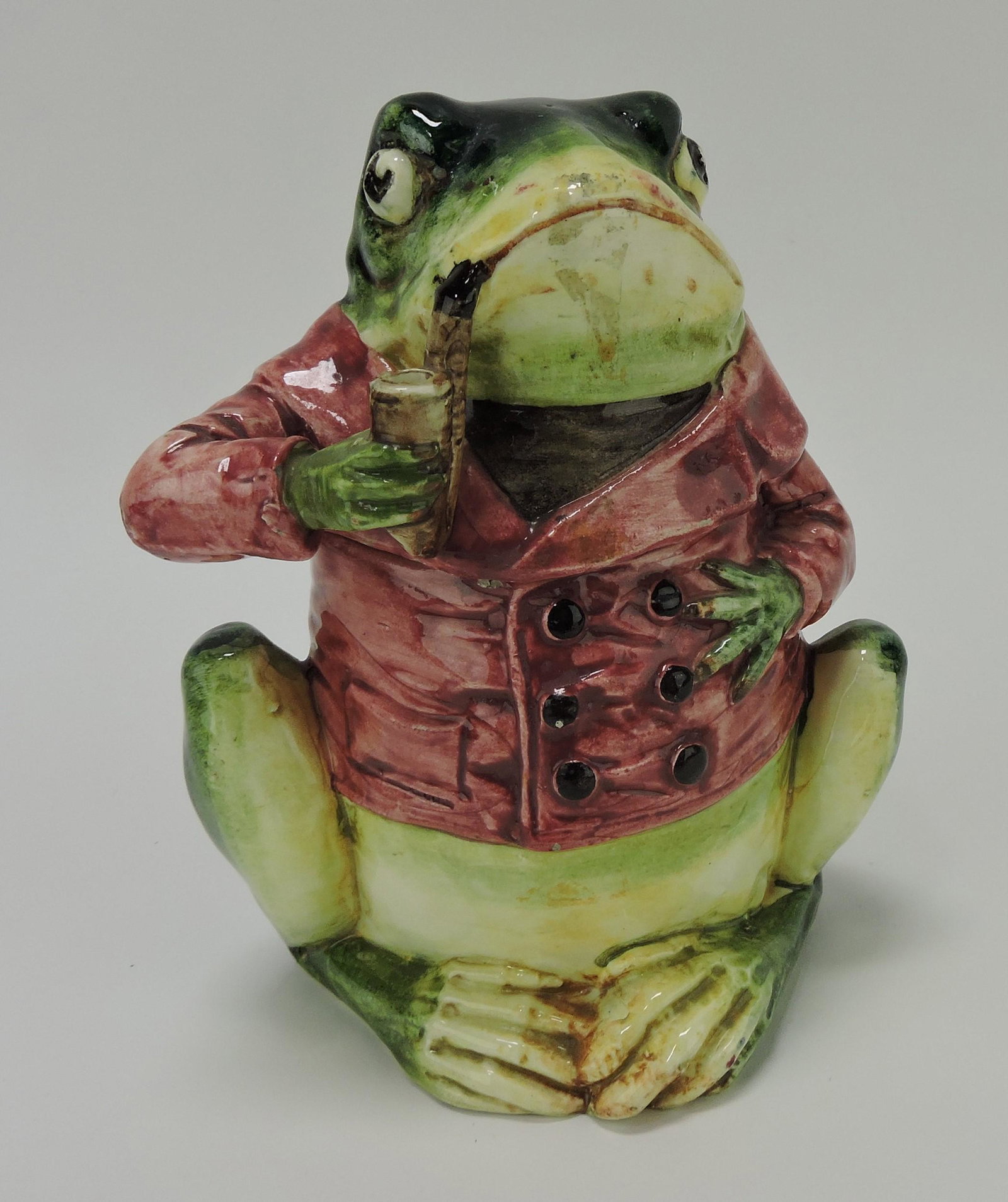 Majolica frog with red smoking jacket: figural humidor, 6", rim nick, hairline