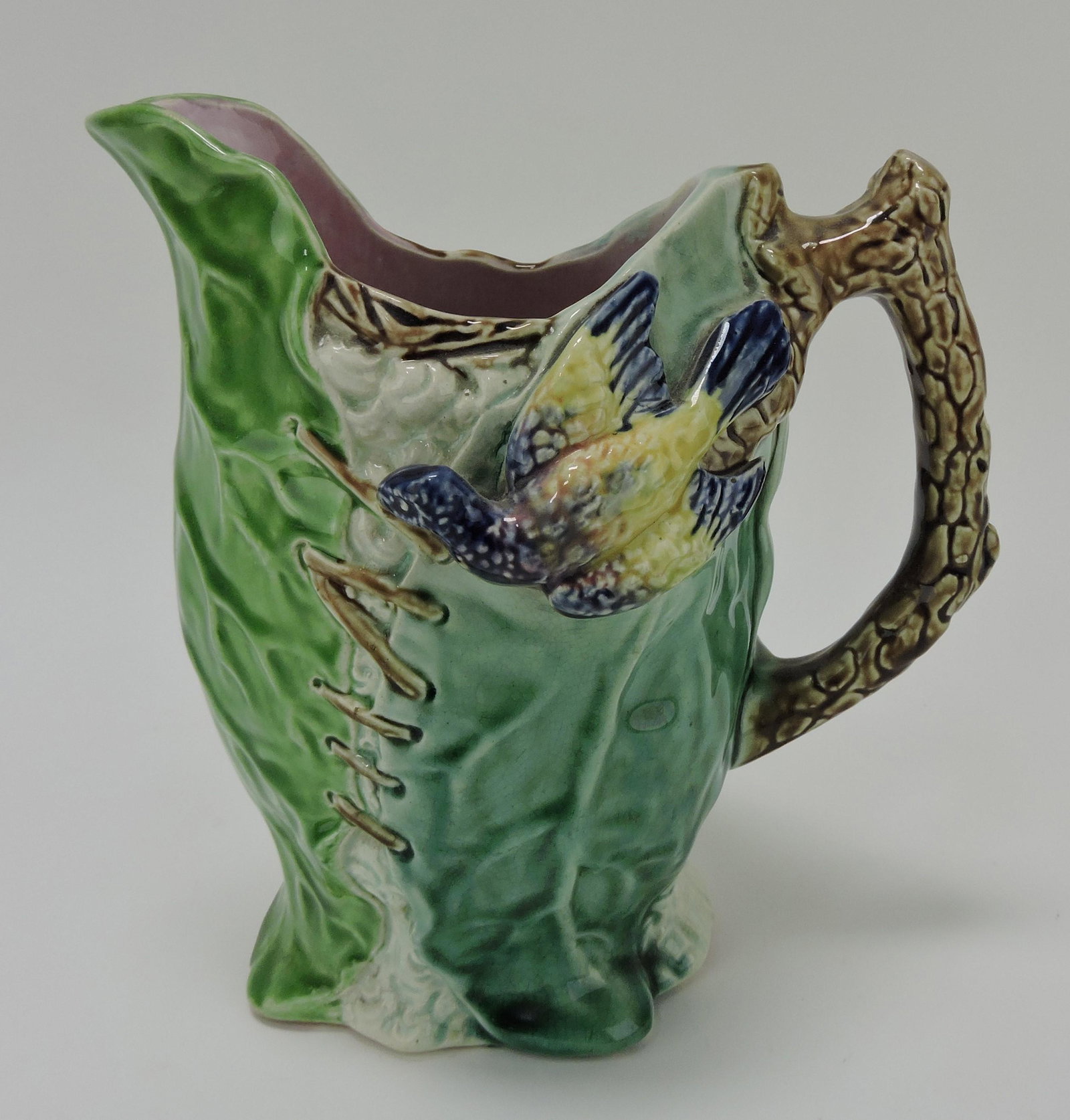 Majolica bird and corset leaf pitcher, (1 of 1)
