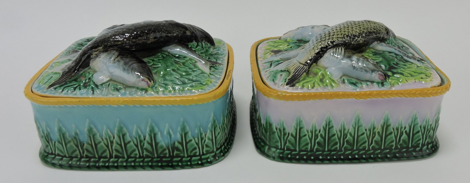 George Jones majolica lot of 2: acanthus leaf sardine boxes