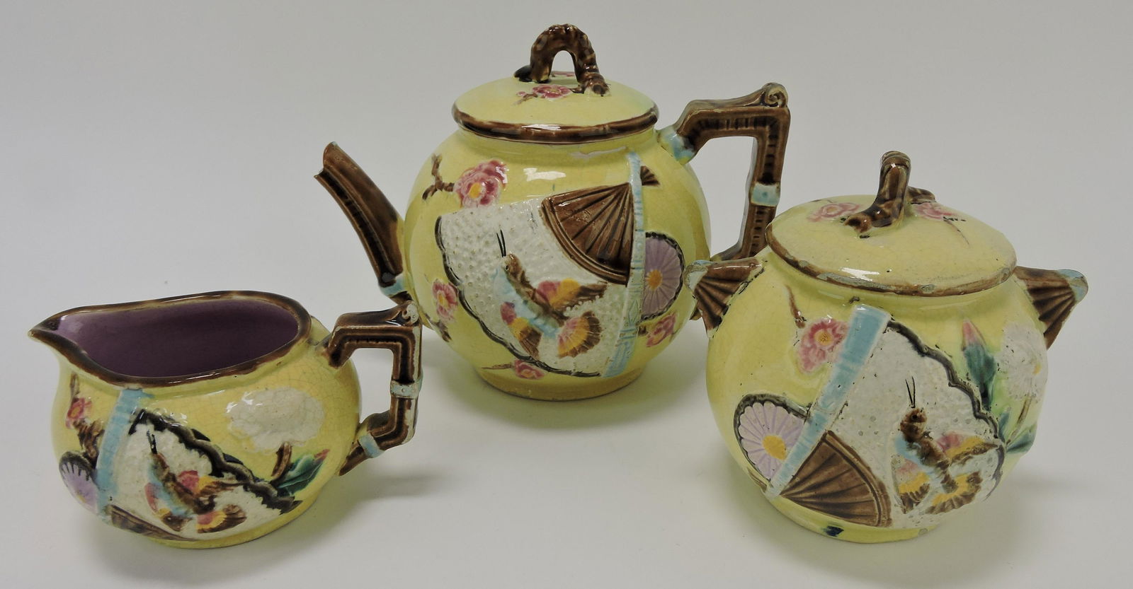 Majolica bird and fan 3 piece tea set, (1 of 1)