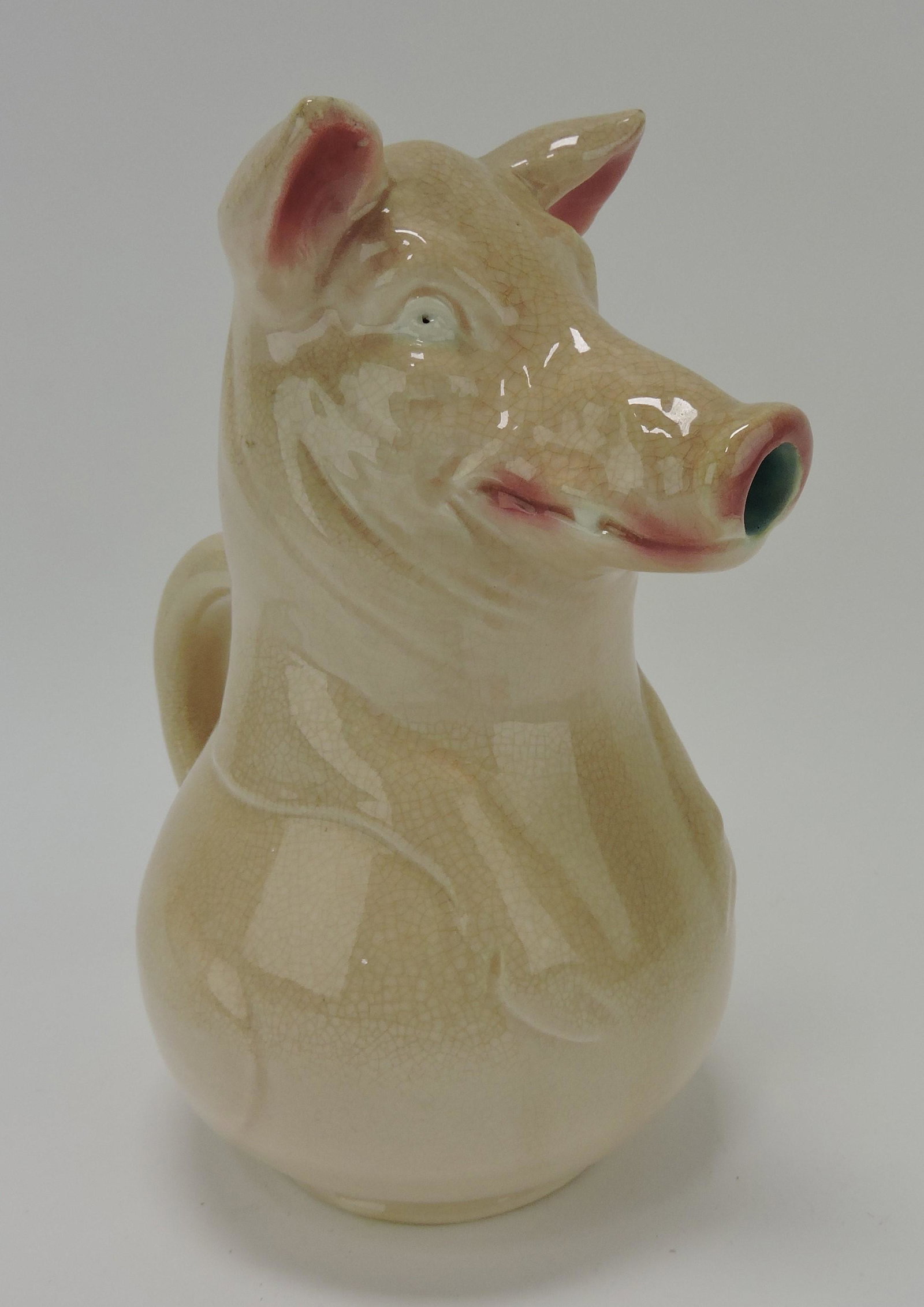 Sarreguemines French majolica figural: pig pitcher, #3318, 9 1/2"