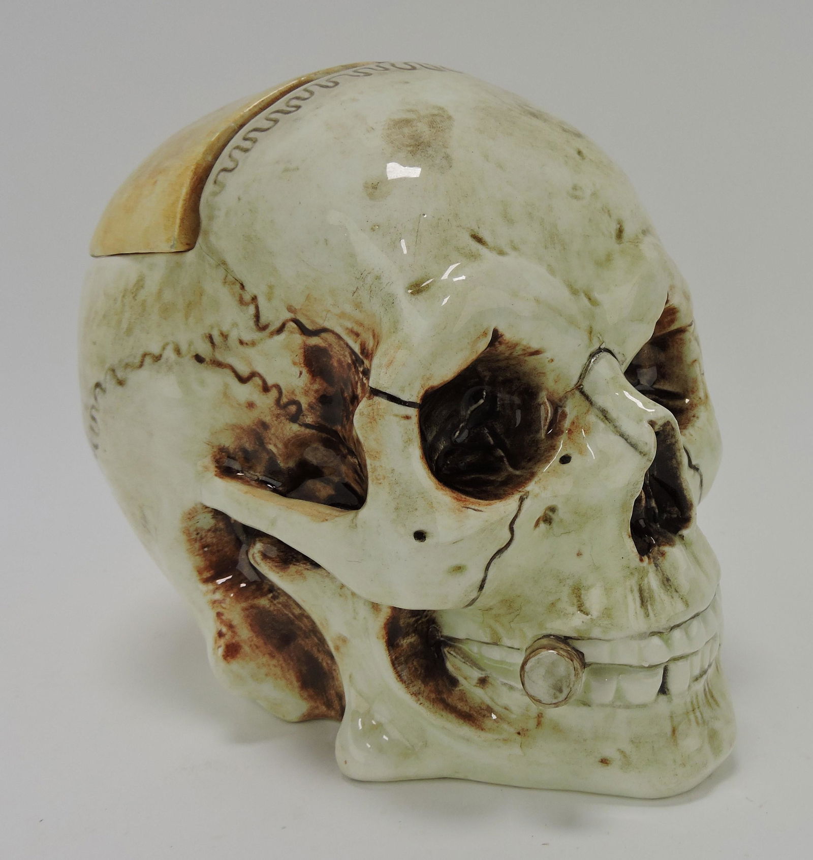 Majolica skull figural  humidor, 6" (1 of 1)