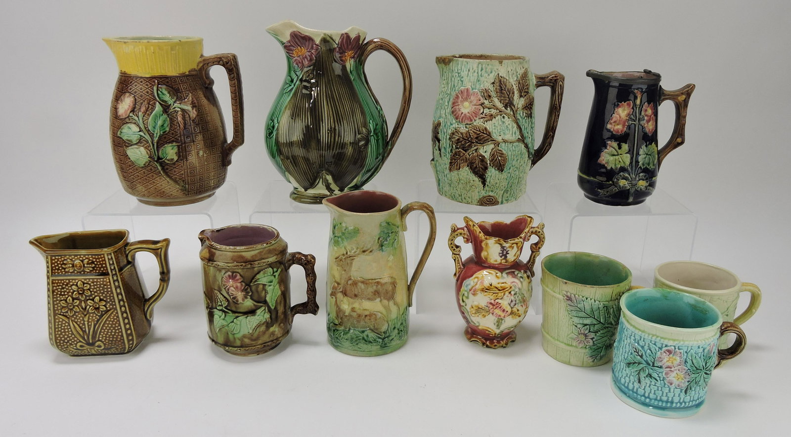 Majolica lot of 11 pitchers, vases, & mugs, (1 of 1)