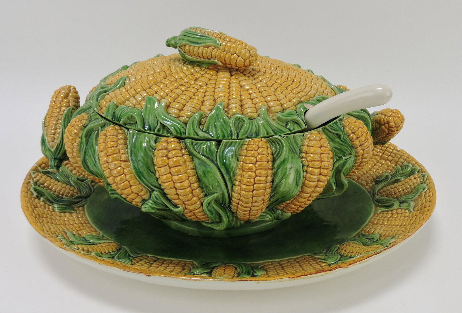 Portugal corn tureen with ladle and: under tray, rim nick to lid and tray