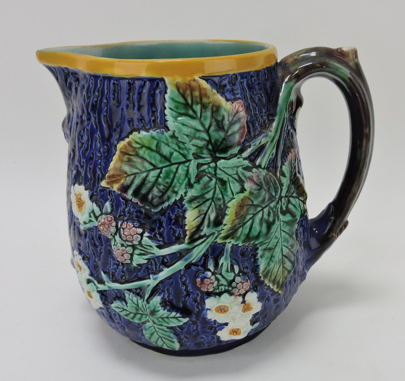 Wedgwood majolica cobalt blackberry: pitcher, 6 1/2"
