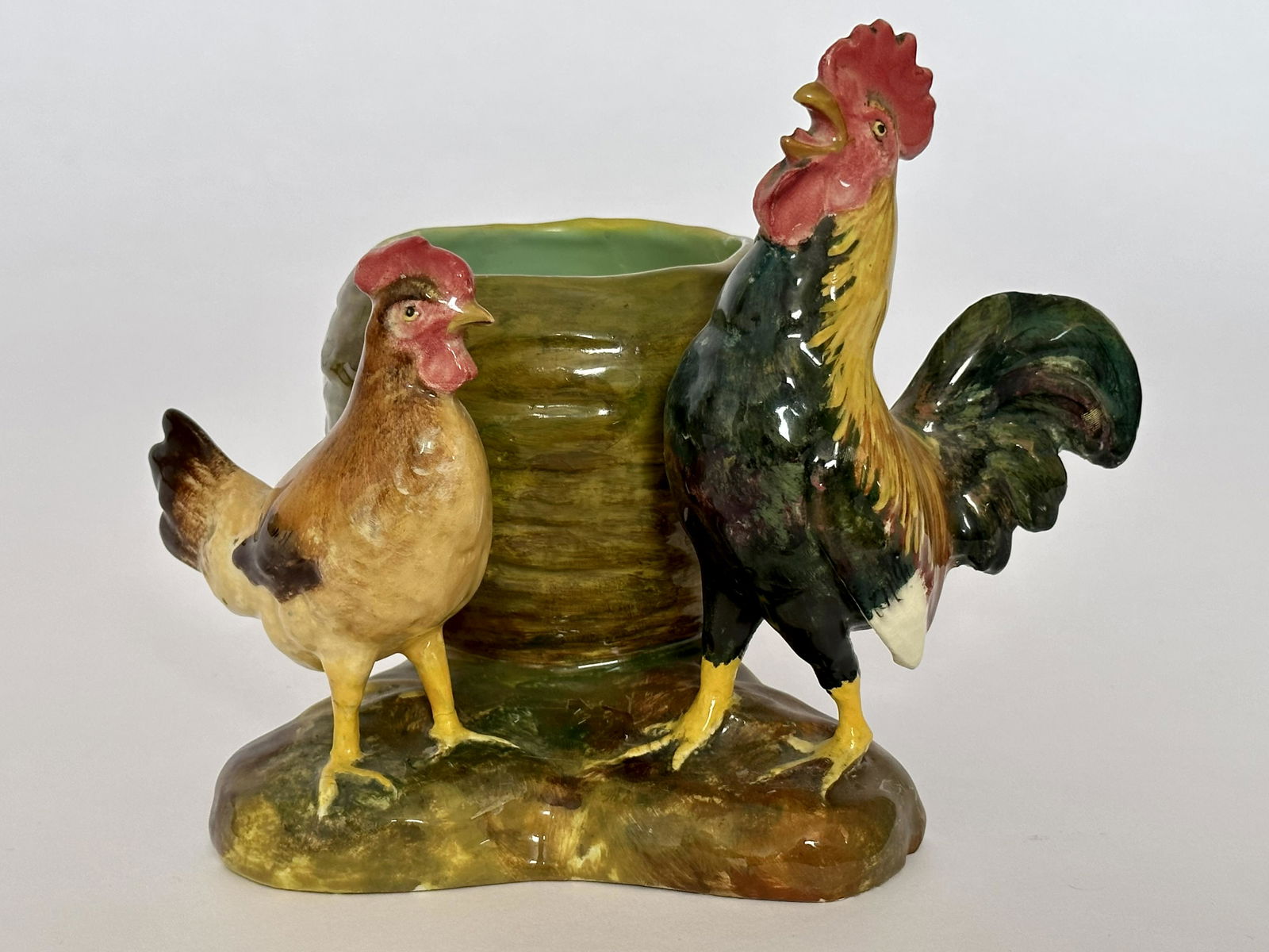 Delphin Massier French majolica: vase with rooster and hen, hand signed on the bottom, c1880, 7 1/4”h, 8 3/4”w