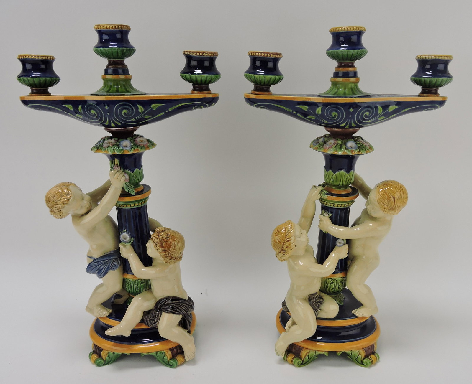 Minton majolica pair of 3 lite candelabras (1 of 6)