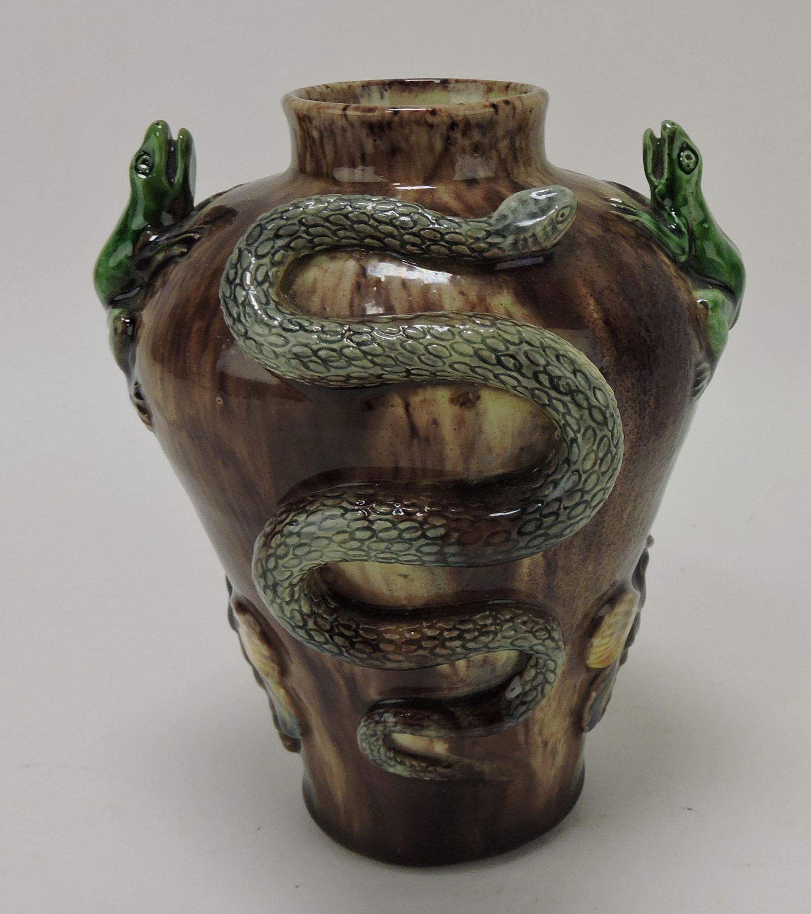 Palissy vase with frog handles, moths, (1 of 3)
