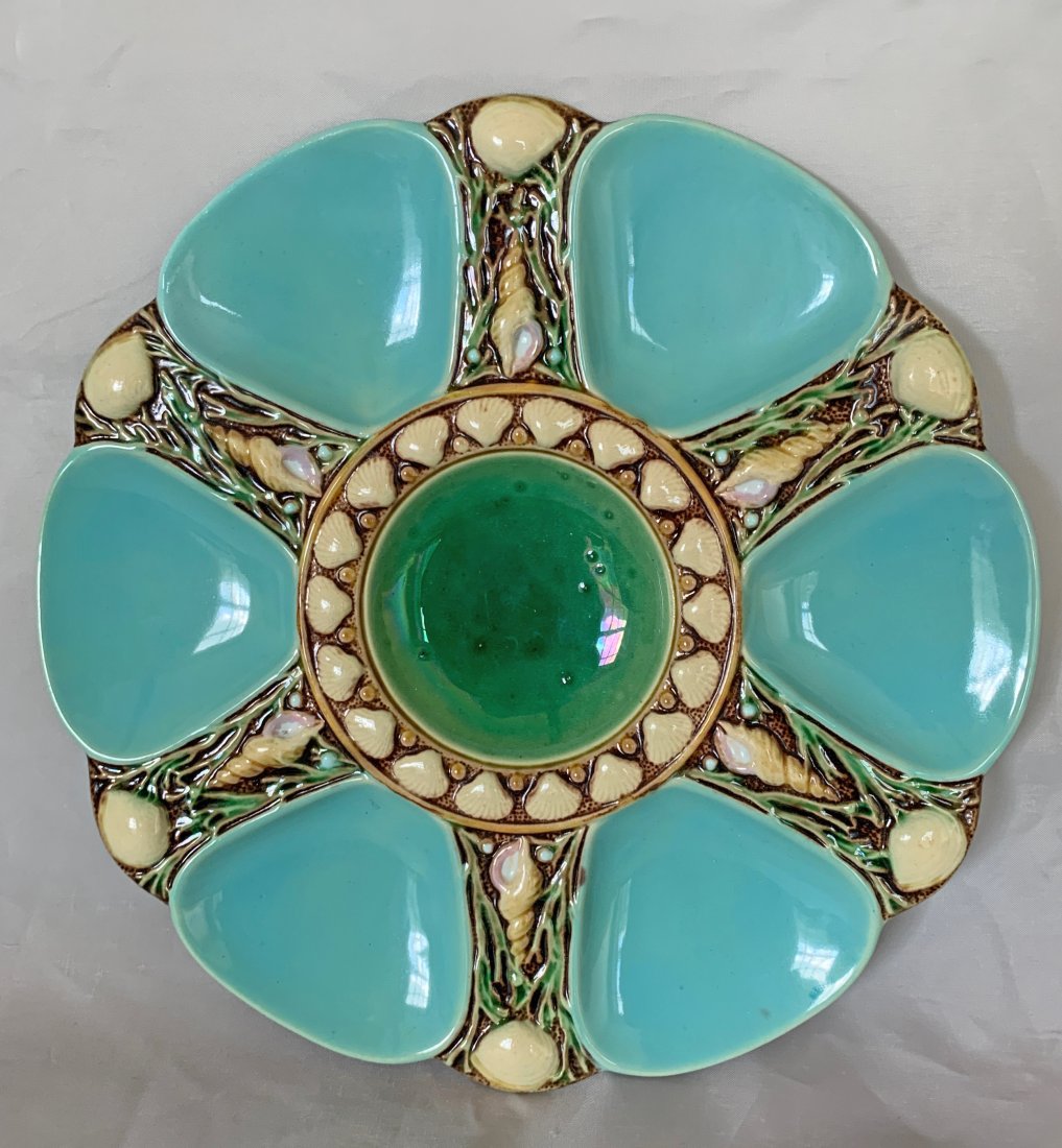 Minton majolica turquoise 6 well: oyster plate with a shell border 9", No. 1323