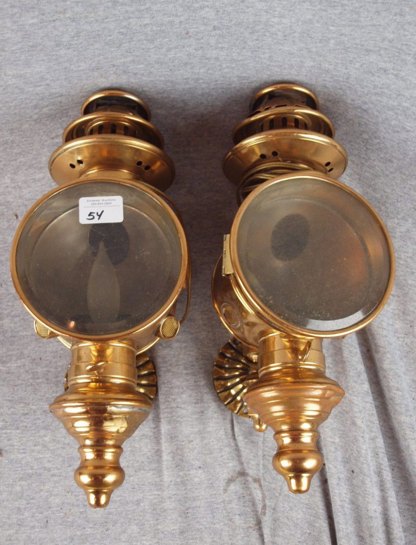 Pair of brass White Mfg. Co., Bridgeport, CT wall l: Pair of brass White Mfg. Co., Bridgeport, CT wall lanterns with brackets, electrified