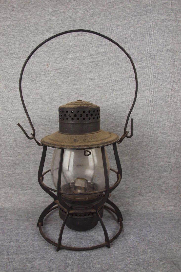 Keystone Lantern Co railroad lantern, embossed with: Keystone Lantern Co railroad lantern, embossed with PRR logo, cracked globe