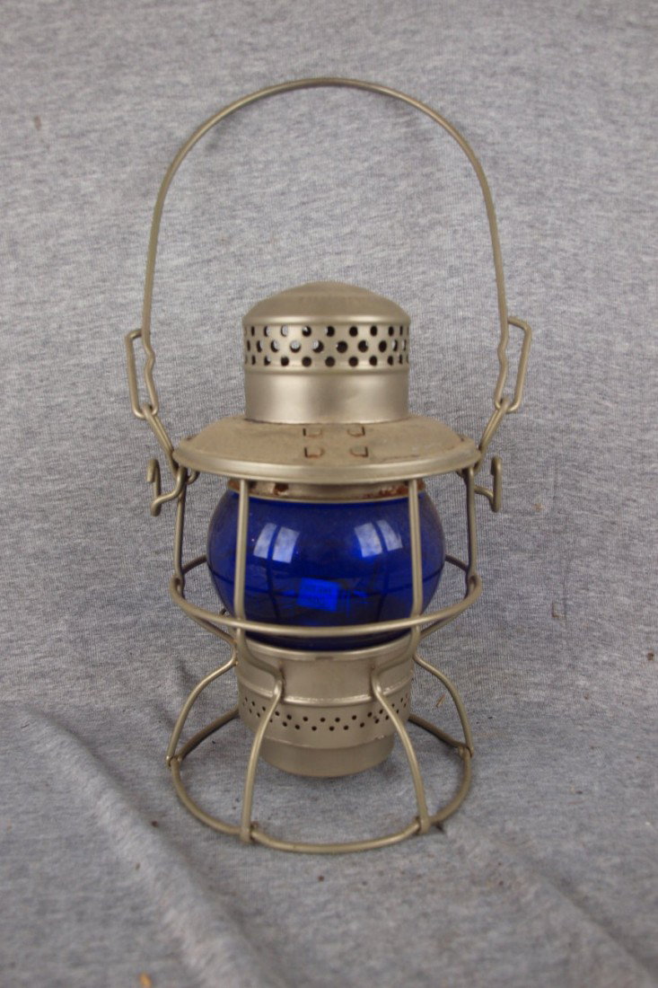 Adlake 300 railroad lantern embossed "PC" with blu: Adlake 300 railroad lantern embossed "PC" with blue globe