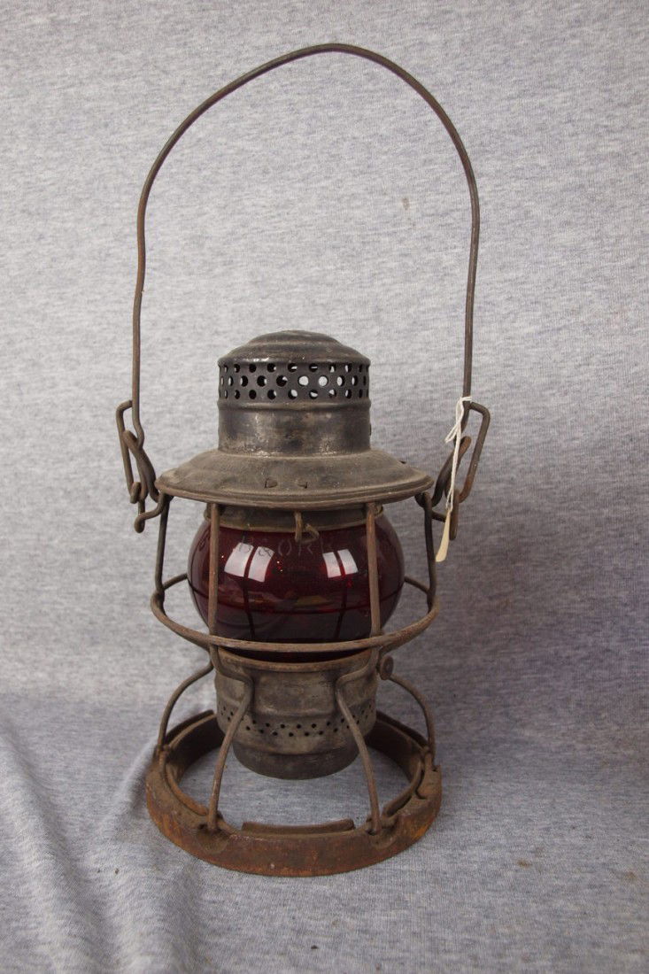 Adams & Westlake railroad lantern embossed with PR: Adams & Westlake railroad lantern embossed with PRR logo with red globe etched "B&ORR", weighted base