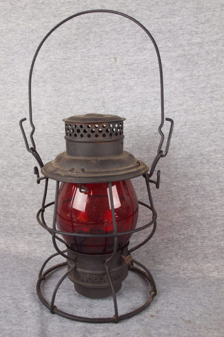 Adams & Westlake Adlake railroad lantern embossed: Adams & Westlake Adlake railroad lantern embossed "P.R.R." with tall red globe embossed with PRR logo