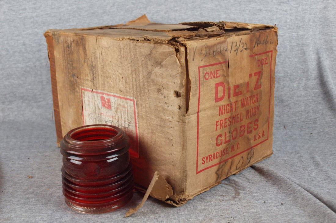 Case of 12 Dietz "Night Watch" ruby red ribbed lan: Case of 12 Dietz "Night Watch" ruby red ribbed lantern globes in original box