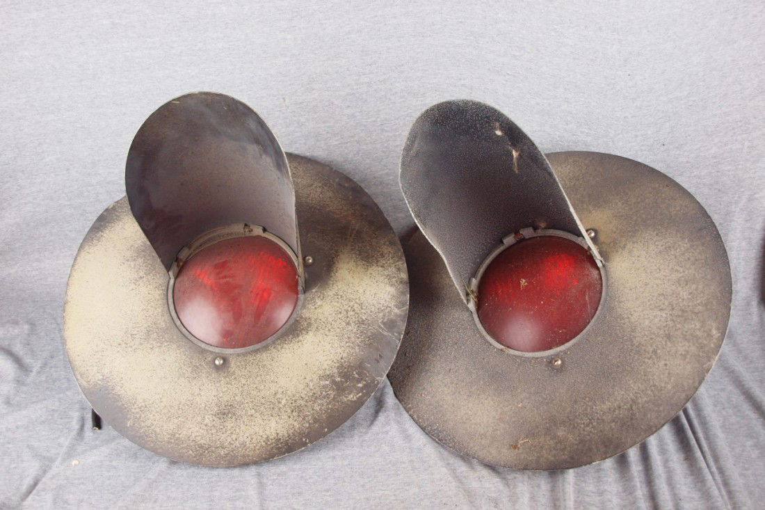 Pair of railroad crossing marker lights marked W.C: Pair of railroad crossing marker lights marked W.C. Hayes